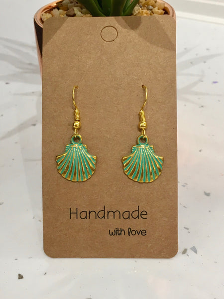 Green & Gold Seashell Dangly Earrings
