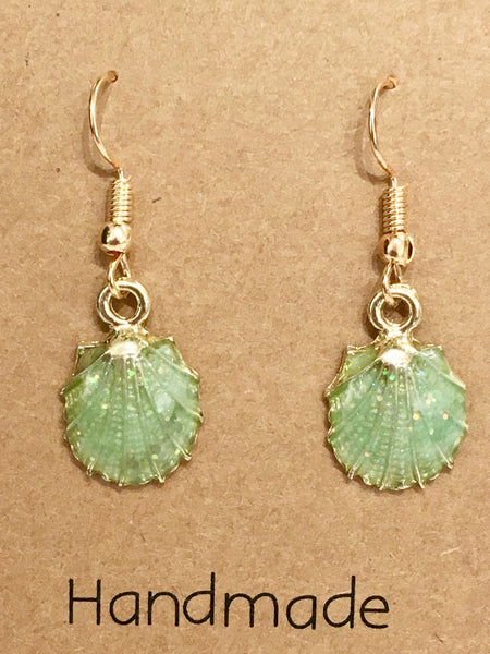 Green & Gold Glitter Seashells Dangly Earrings