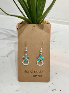 Turquoise Rhinestone Flower Dangly Earrings