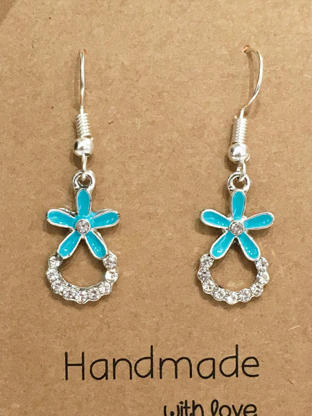 Turquoise Rhinestone Flower Dangly Earrings