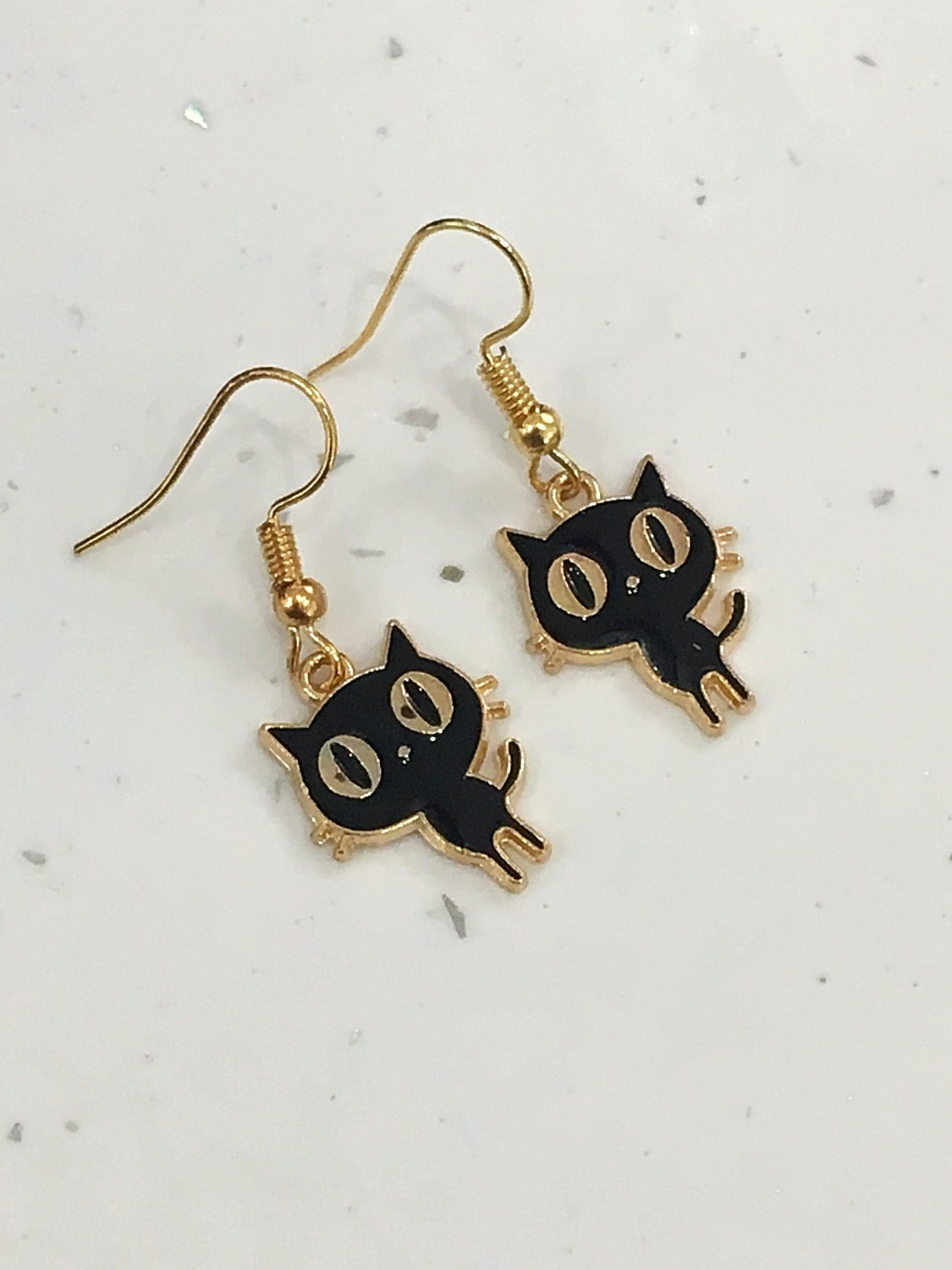 Black Cat Gold Dangly Earrings