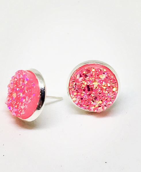 Pink Druzy Stud Earrings