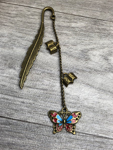 Butterfly Antique Bronze Dangle Feather Bookmark