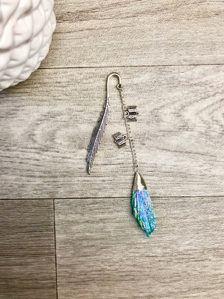 Turquoise Drop Silver Dangle Feather Bookmark