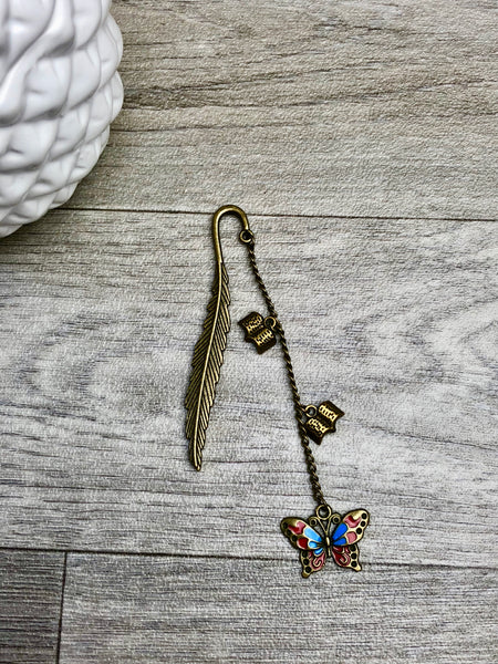 Butterfly Antique Bronze Dangle Feather Bookmark