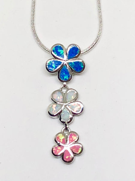Trio of Flowers Pink, White & Blue Fire Opal 925 Sterling Silver Necklace