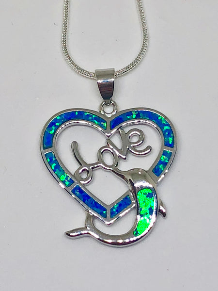 Blue Fire Opal Dolphin Love 925 Sterling Silver Necklace